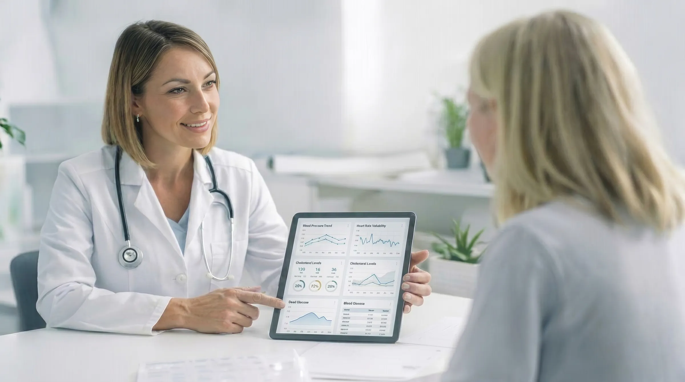 Clinician consulting with a patient in a modern medical practice