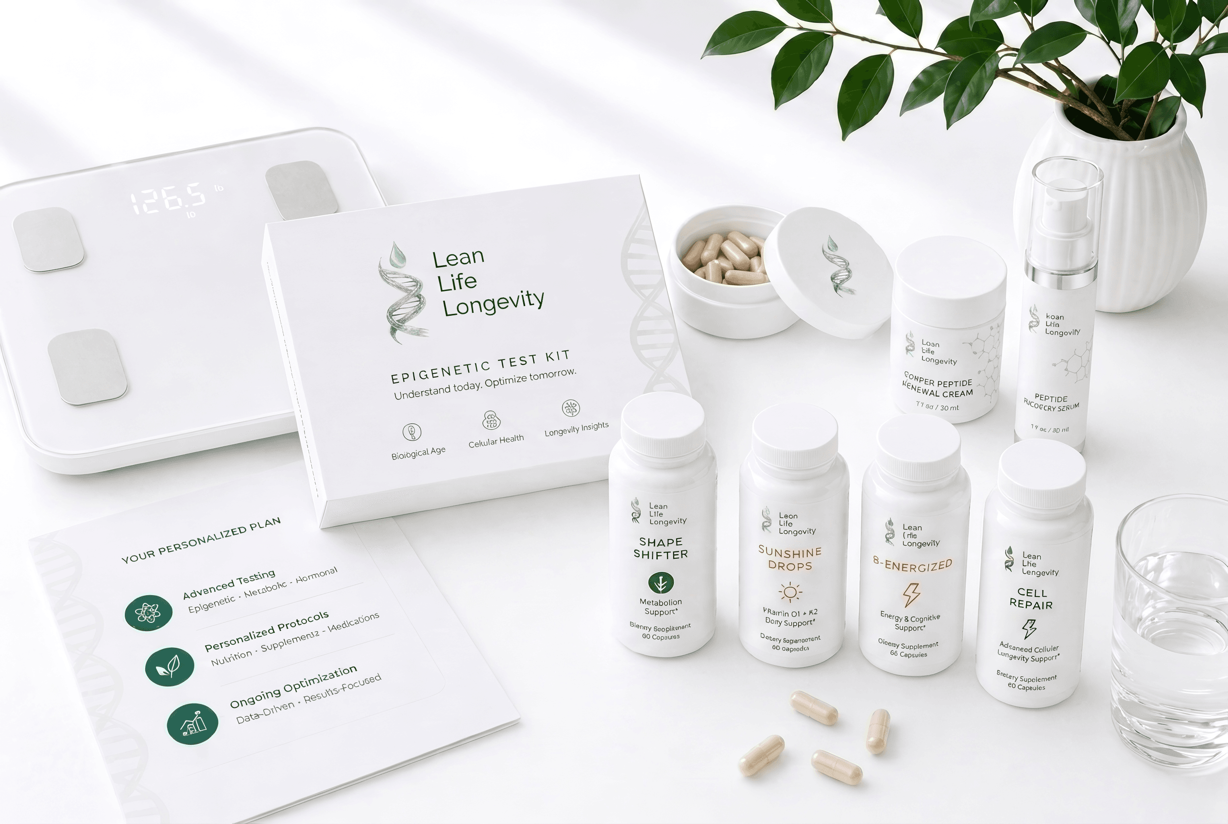 Lean Life Longevity product suite: epigenetic test kit, smart scale, supplement bottles, peptide skincare, and a personalized plan card arranged on a soft white surface